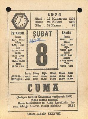 8 Şubat 1974 Takvim Yaprağı - Doğum Günü Hediyesi EFM(N)12279 - 1