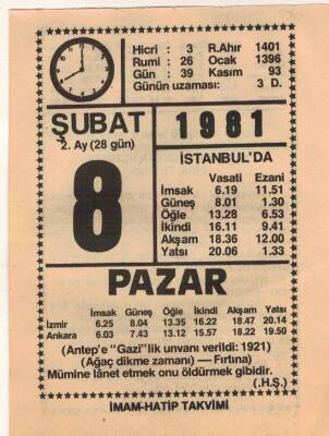 8 Şubat 1981 Takvim Yaprağı EFM(N)5416 - 1