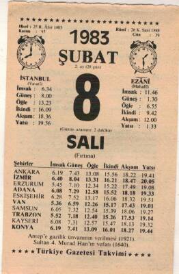 8 Şubat 1983 Takvim Yaprağı EFM(N)5388 - 1