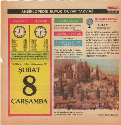 8 Şubat 1984 Takvim Yaprağı EFM(N)5162 - 1