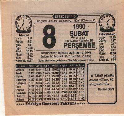 8 Şubat 1990 Takvim Yaprağı EFM(N)5191 - 1