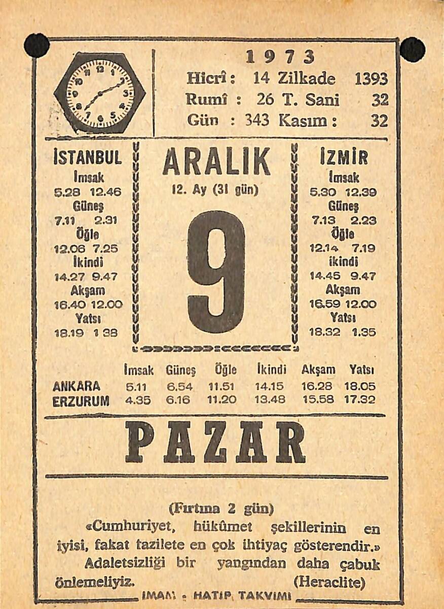 9 Aralık 1973 Takvim Yaprağı - Doğum Günü Hediyesi EFMN13677 - 1