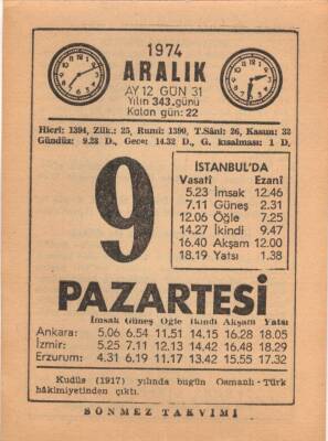 9 Aralık 1974 Takvim Yaprağı EFM(N)4291 - 3