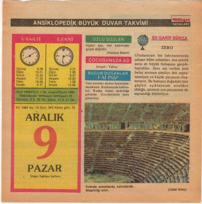 9 Aralık 1984 Takvim Yaprağı EFM(N)4075 - 1