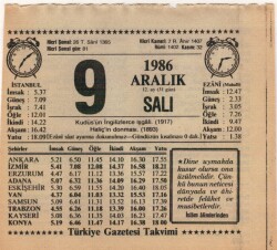 9 Aralık 1986 Takvim Yaprağı EFM(N)4321 - 3