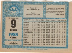 9 Aralık 1988 Takvim Yaprağı EFM(N)4475 - 2