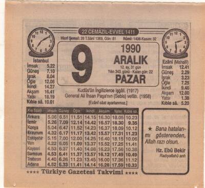 9 Aralık 1990 Takvim Yaprağı EFM(N)4137 - 3