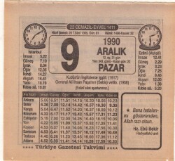 9 Aralık 1990 Takvim Yaprağı EFM(N)4137 - 2