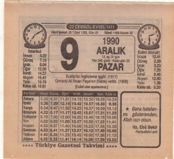 9 Aralık 1990 Takvim Yaprağı EFM(N)4137 - 1