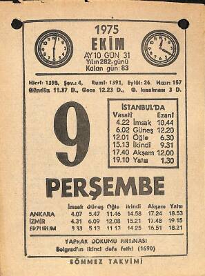 9 Ekim 1975 Takvim Yaprağı - Doğum Günü Hediyesi EFM(N)12565 - 1