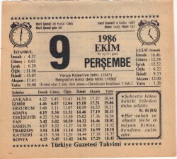 9 Ekim 1986 Takvim Yaprağı EFM(N)3072 - 3