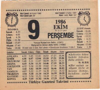 9 Ekim 1986 Takvim Yaprağı EFM(N)3072 - 2