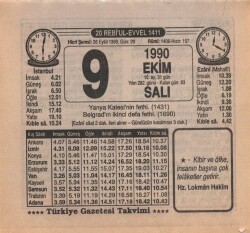 9 Ekim 1990 Takvim Yaprağı EFM(N)3134 - 3