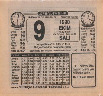 9 Ekim 1990 Takvim Yaprağı EFM(N)3134 - 3