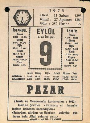 9 Eylül 1973 Takvim Yaprağı - Doğum Günü Hediyesi EFM(N)9855 - 2