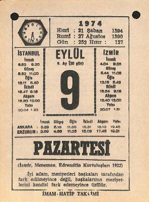 9 Eylül 1974 Takvim Yaprağı - Doğum Günü Hediyesi EFM(N)12338 - 1