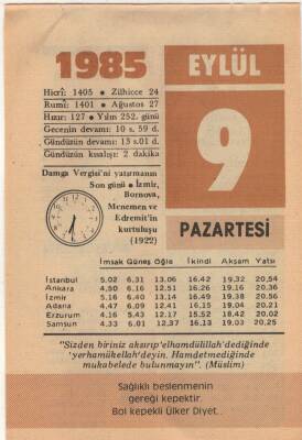 9 Eylül 1985 Takvim Yaprağı EFM(N)2673 - 3