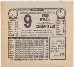 9 Eylül 1989 Takvim Yaprağı EFM(N)2676 - 3