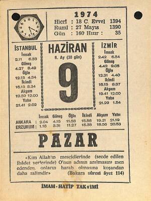 9 Haziran 1974 Takvim Yaprağı - Doğum Günü Hediyesi EFM(N)11966 - 1