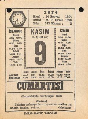 9 Kasım 1974 Takvim Yaprağı - Doğum Günü Hediyesi EFM(N)10771 - 3