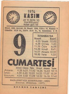 9 Kasım 1974 Takvim Yaprağı EFM(N)3319 - 3