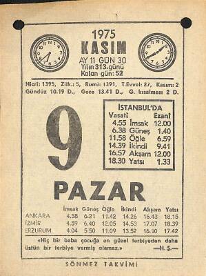 9 Kasım 1975 Takvim Yaprağı - Doğum Günü Hediyesi EFM(N)12573 - 1