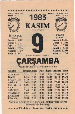 9 Kasım 1983 Takvim Yaprağı EFM(N)3953 - 2