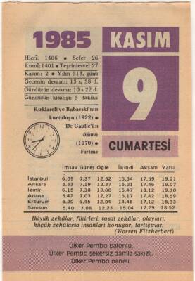 9 Kasım 1985 Takvim Yaprağı EFM(N)3379 - 3