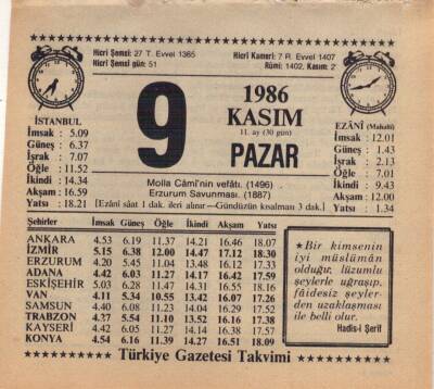 9 Kasım 1986 Takvim Yaprağı EFM(N)3409 - 3