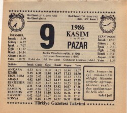 9 Kasım 1986 Takvim Yaprağı EFM(N)3409 - 1