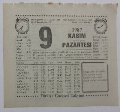 9 Kasım 1987 Takvim Yaprağı - Doğum Günü Hediyesi EFM(N)7148 - 1