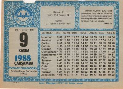 9 Kasım 1988 Takvim Yaprağı EFM(N)3439 - 3