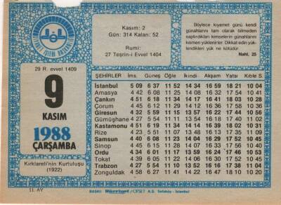 9 Kasım 1988 Takvim Yaprağı EFM(N)3439 - 1