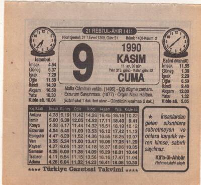 9 Kasım 1990 Takvim Yaprağı EFM(N)3923 - 3