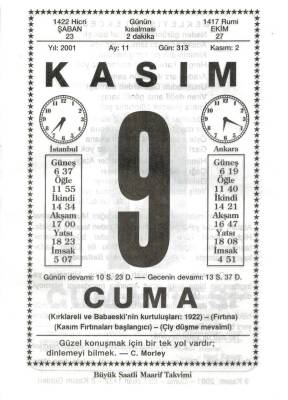 9 Kasım 2001 Takvim Yaprağı Doğum Günü Hediyesi EFM(N)3996 - 3