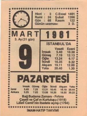 9 Mart 1981 Takvim Yaprağı EFM(N)6011 - 3