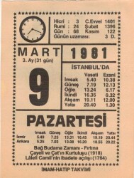 9 Mart 1981 Takvim Yaprağı EFM(N)6011 - 1