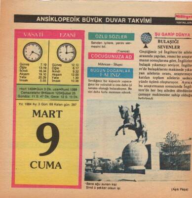 9 Mart 1984 Takvim Yaprağı EFM(N)5795 - 3