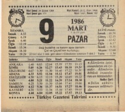 9 Mart 1986 Takvim Yaprağı EFM(N)5919 - 3