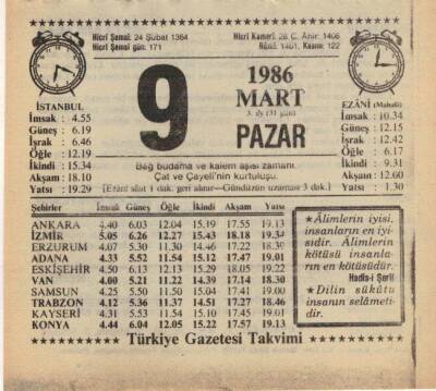 9 Mart 1986 Takvim Yaprağı EFM(N)5919 - 2