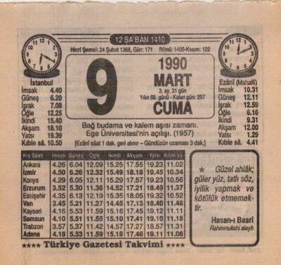 9 Mart 1990 Takvim Yaprağı EFM(N)5981 - 3