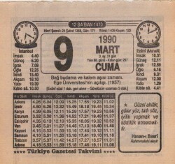 9 Mart 1990 Takvim Yaprağı EFM(N)5981 - 2