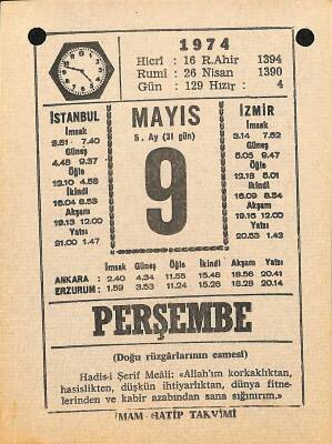 9 Mayıs 1974 Takvim Yaprağı - Doğum Günü Hediyesi EFM(N)12323 - 1