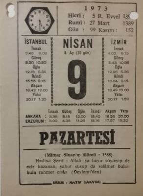 9 Nisan 1973 Takvim Yaprağı - Doğum Günü Hediyesi EFM(N)8106 - 2