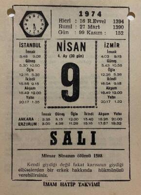 9 Nisan 1974 Takvim Yaprağı - Doğum Günü Hediyesi EFM(N)8166 - 2