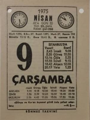 9 Nisan 1975 Takvim Yaprağı - Doğum Günü Hediyesi EFM(N)8136 - 2