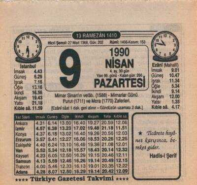 9 Nisan 1990 Takvim Yaprağı EFM(N)6162 - 1