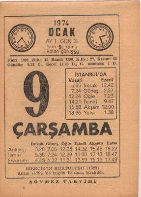 9 Ocak 1974 Takvim Yaprağı EFM(N)4872 - 1