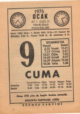 9 Ocak 1976 Takvim Yaprağı EFM(N)4810 - 1