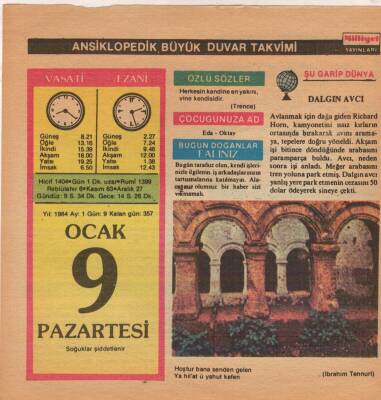 9 Ocak 1984 Takvim Yaprağı EFM(N)4624 - 1